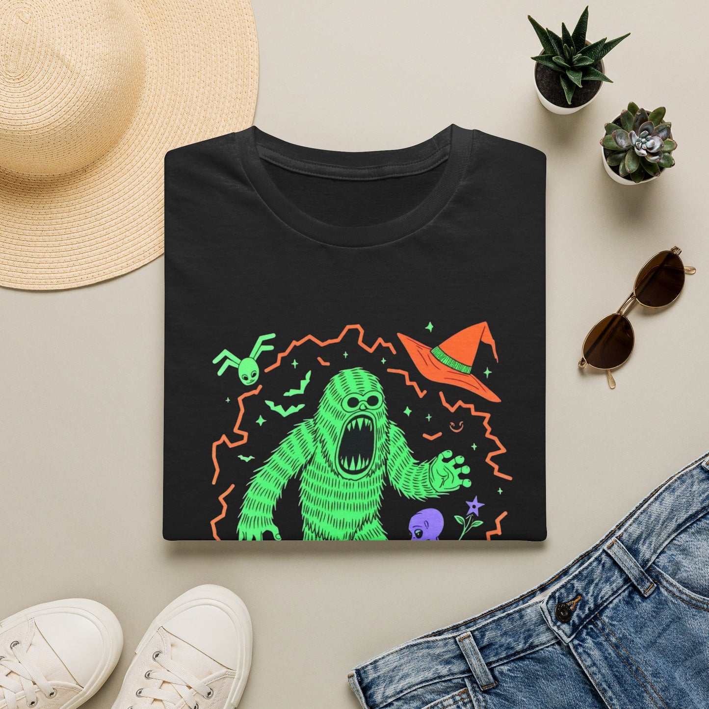 Sasquatch gets angry when out of candy Halloween T‑Shirt — Neon Green Creature Trick‑Or‑Treat Tee
