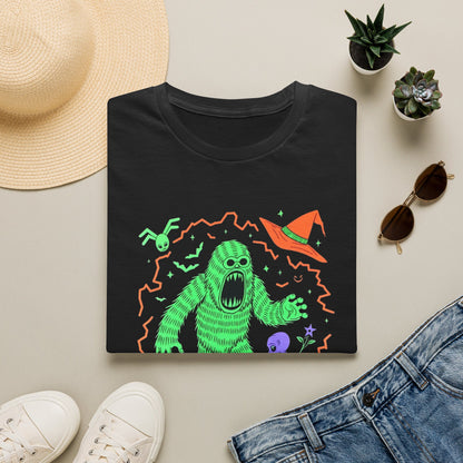 Sasquatch gets angry when out of candy Halloween T‑Shirt — Neon Green Creature Trick‑Or‑Treat Tee