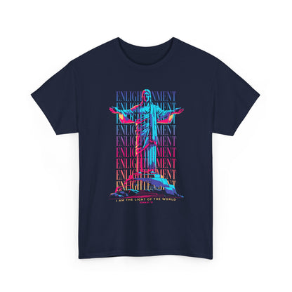 Enlightenment Tee — Neon Statue Graphic T-Shirt ("Entertainment" Text Design)