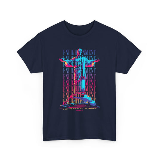 Enlightenment Tee — Neon Statue Graphic T-Shirt ("Entertainment" Text Design)