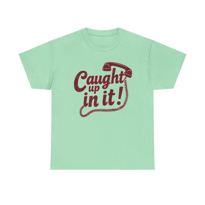 Caught Up in It, Phone chord, Unisex Heavy Cotton Tee, Vintage Phone Graphic T-Shirt, Casual Daily Wear, Fun Gift for Friends, Trendy White Tee - Psychonaut Swag