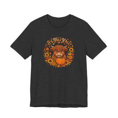 "It’s Fall Y’all" Pumpkin Highland Cow T‑Shirt — Autumn Sunflower Graphic Tee