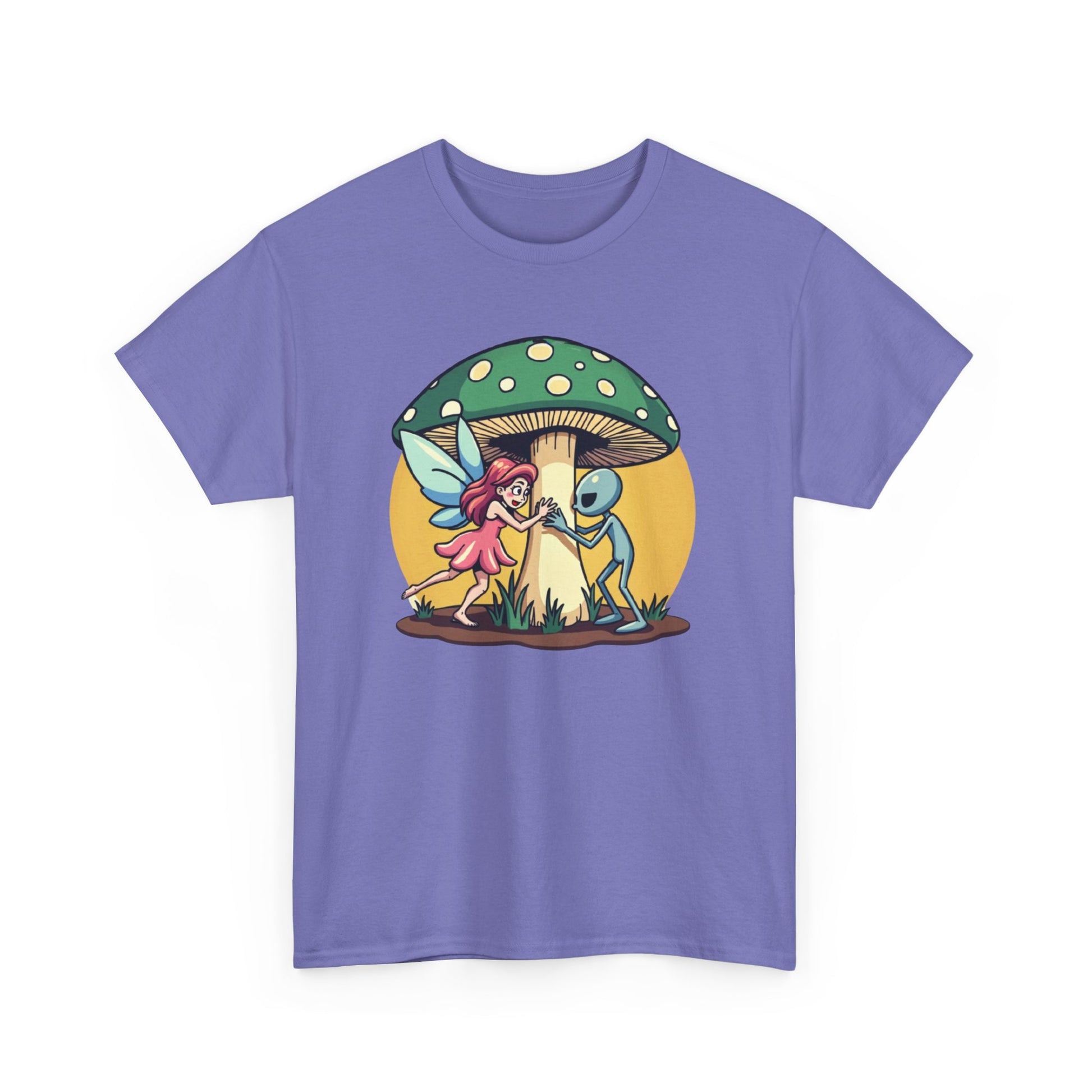 Alien chased by Fairy, Mushroom Unisex Heavy Cotton Tee - Psychonaut Swag