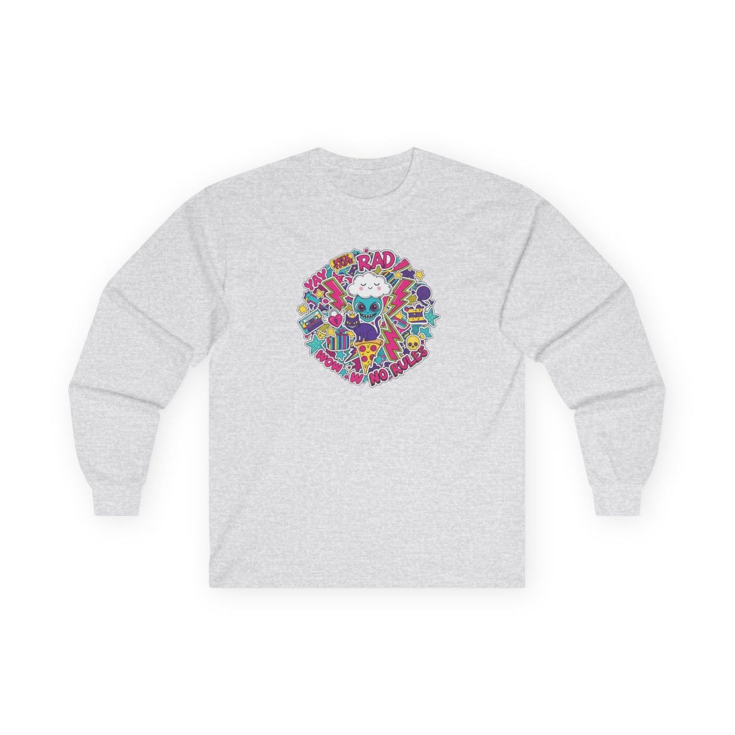 Retro Skate Cat Long Sleeve Tee — "Be Rad" Graphic