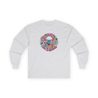 Retro Skate Cat Long Sleeve Tee — "Be Rad" Graphic