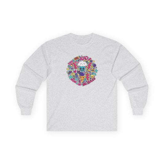 Retro Skate Cat Long Sleeve Tee — "Be Rad" Graphic