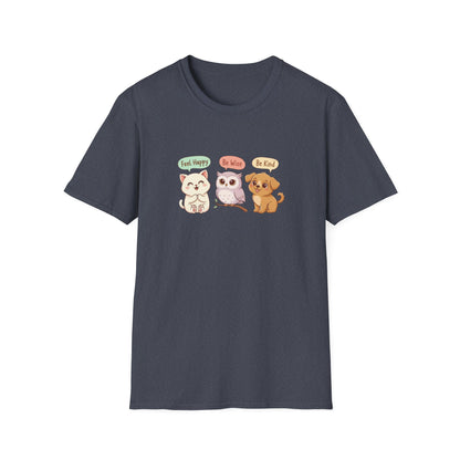 Cute Kawaii Pets T-Shirt — 'Feel Happy, Be Wise, Be Kind' Cartoon Cat Owl Dog Tee