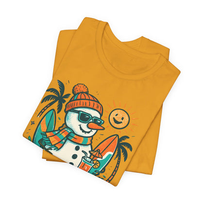 Frosty on Vacation Graphic Tee — Surfing Snowman with Drink Summer Holiday T-Shirt