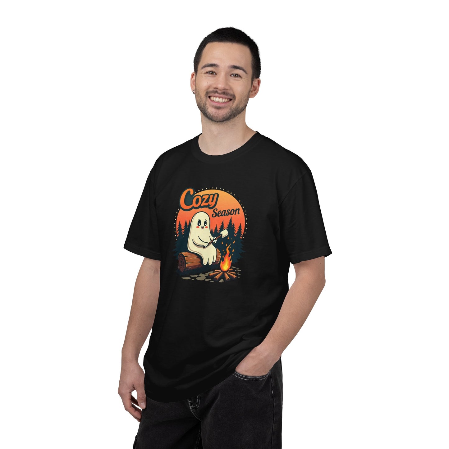 Cozy Season Ghost Tee — Campfire Autumn Graphic T-Shirt