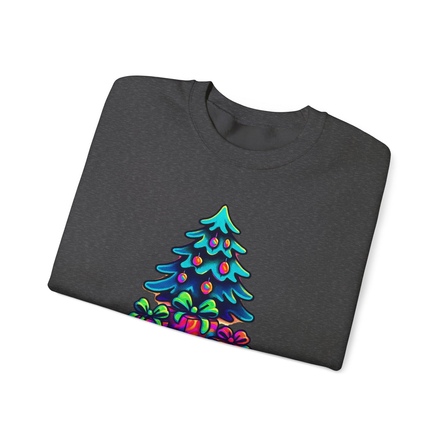 Psychedelic Christmas Tree Sweatshirt — Colorful Holiday Tree with Gifts Crewneck