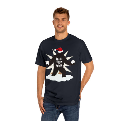 Bigfoot Holiday Tee — "Balls Deep Spirit" Funny Christmas Sasquatch T-Shirt