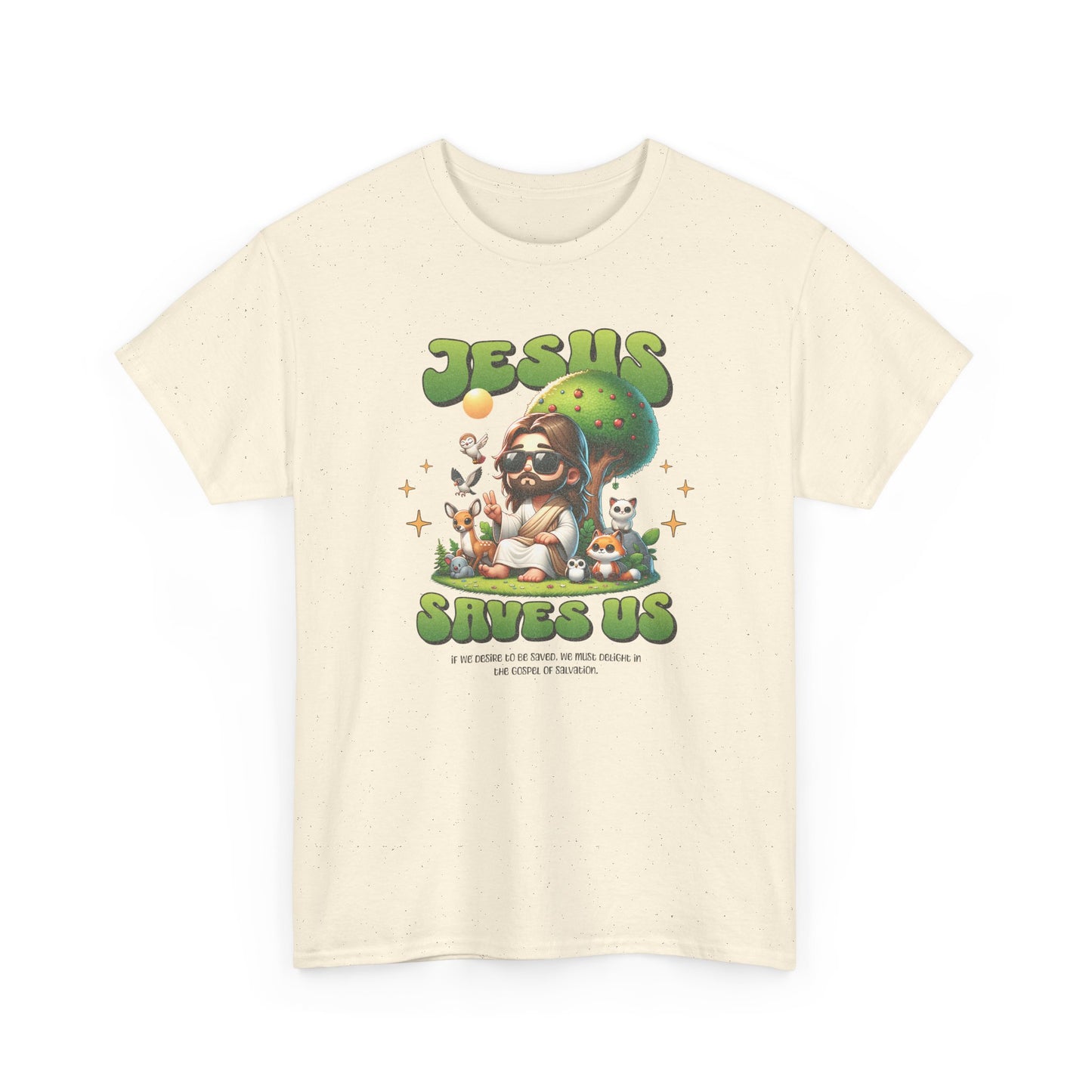 Jesus Saves Us T-Shirt — Cute Retro Jesus with Animals Christian Faith Tee