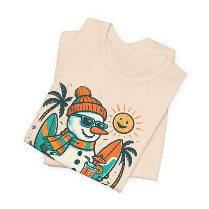 Frosty on Vacation Graphic Tee — Surfing Snowman with Drink Summer Holiday T-Shirt