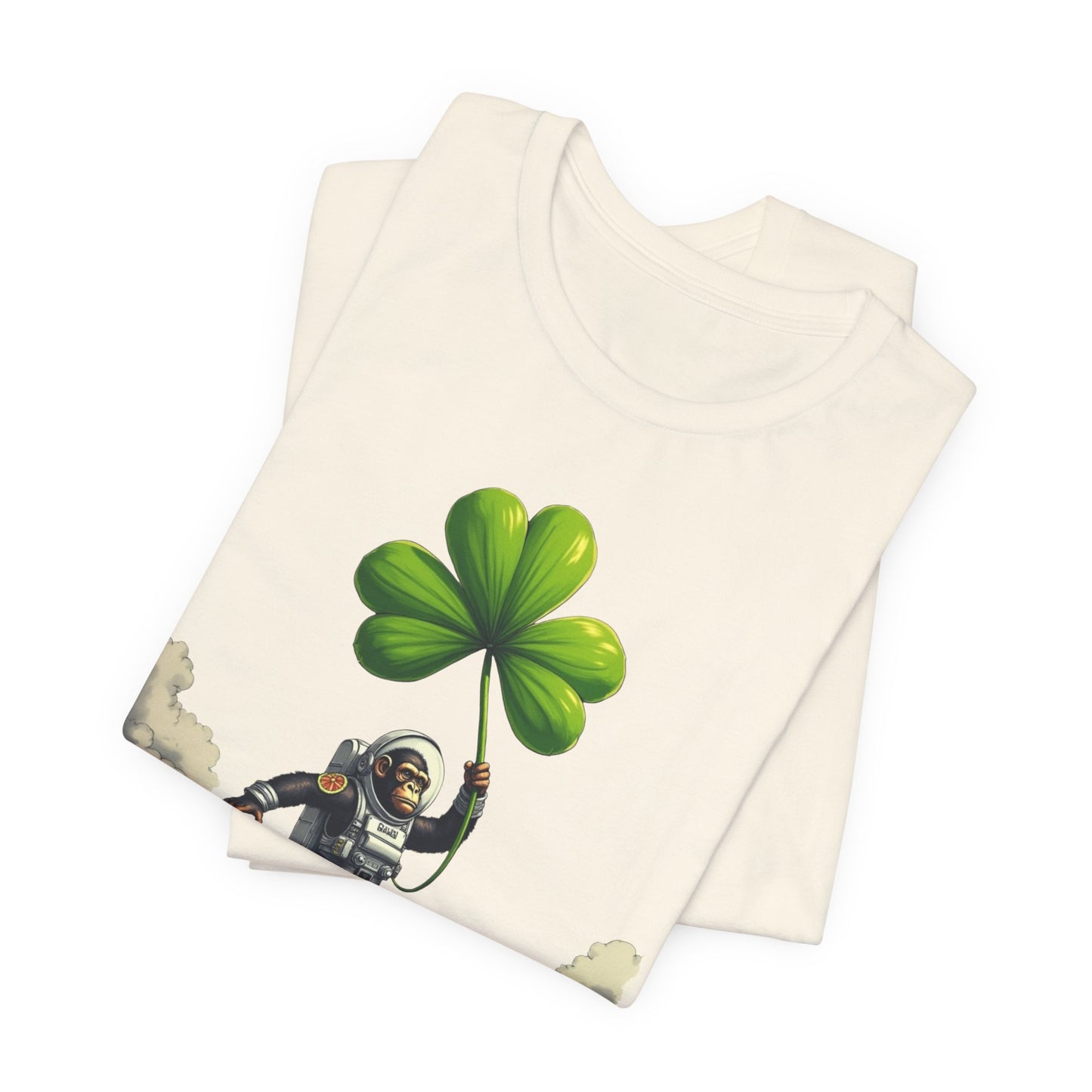 Astronaut Chimp T-Shirt — Floating in Clouds with Shamrock