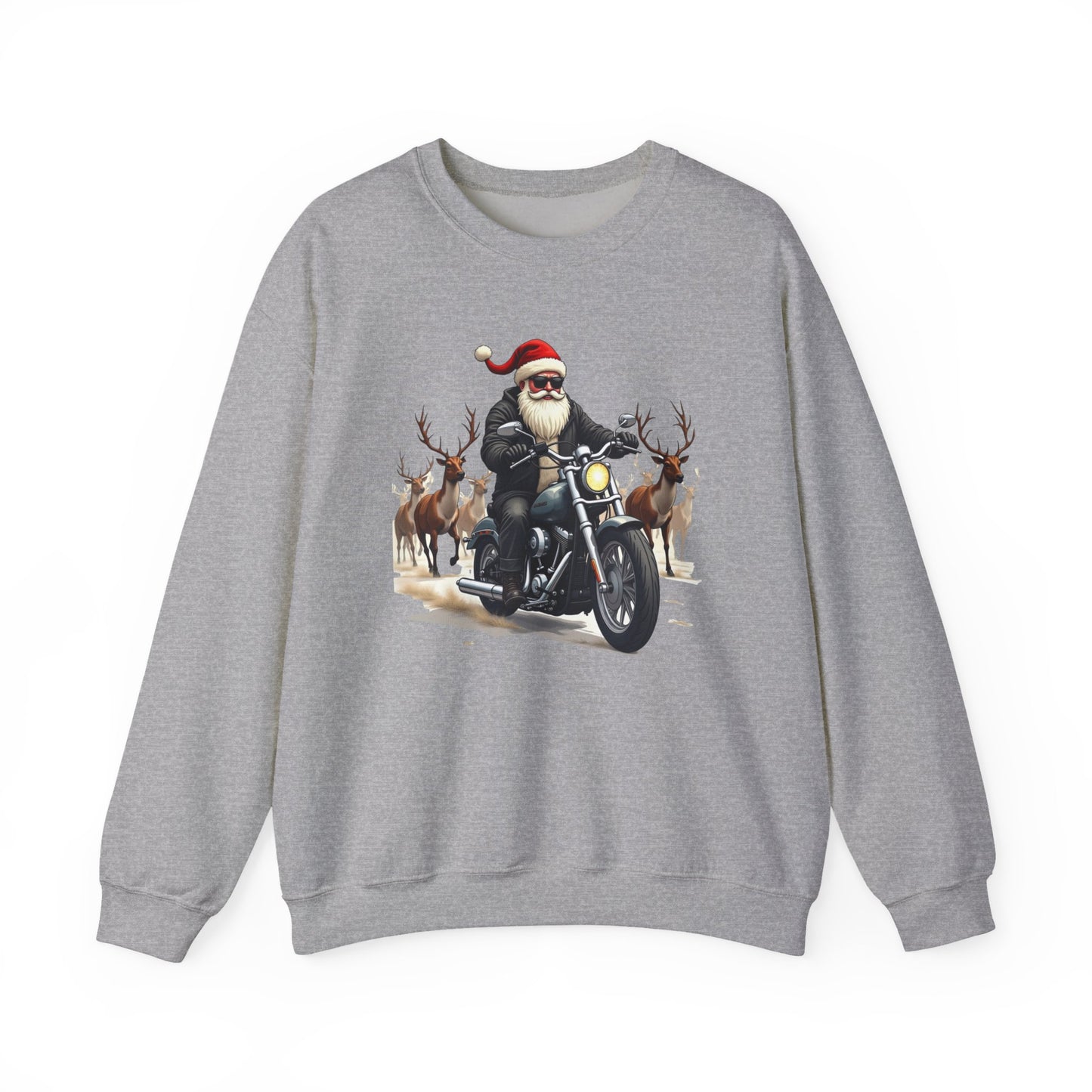 Santa on Motorcycle in Reindeer Stampede — Biker Santa Christmas Crewneck