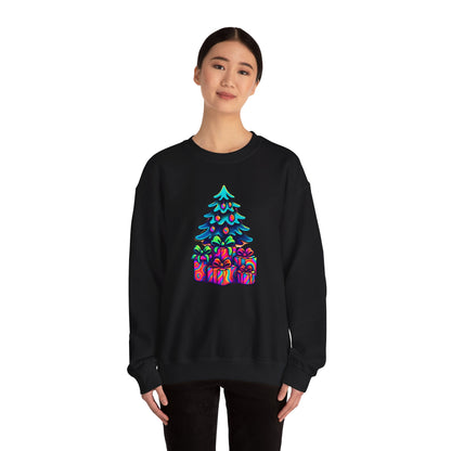 Psychedelic Christmas Tree Sweatshirt — Colorful Holiday Tree with Gifts Crewneck