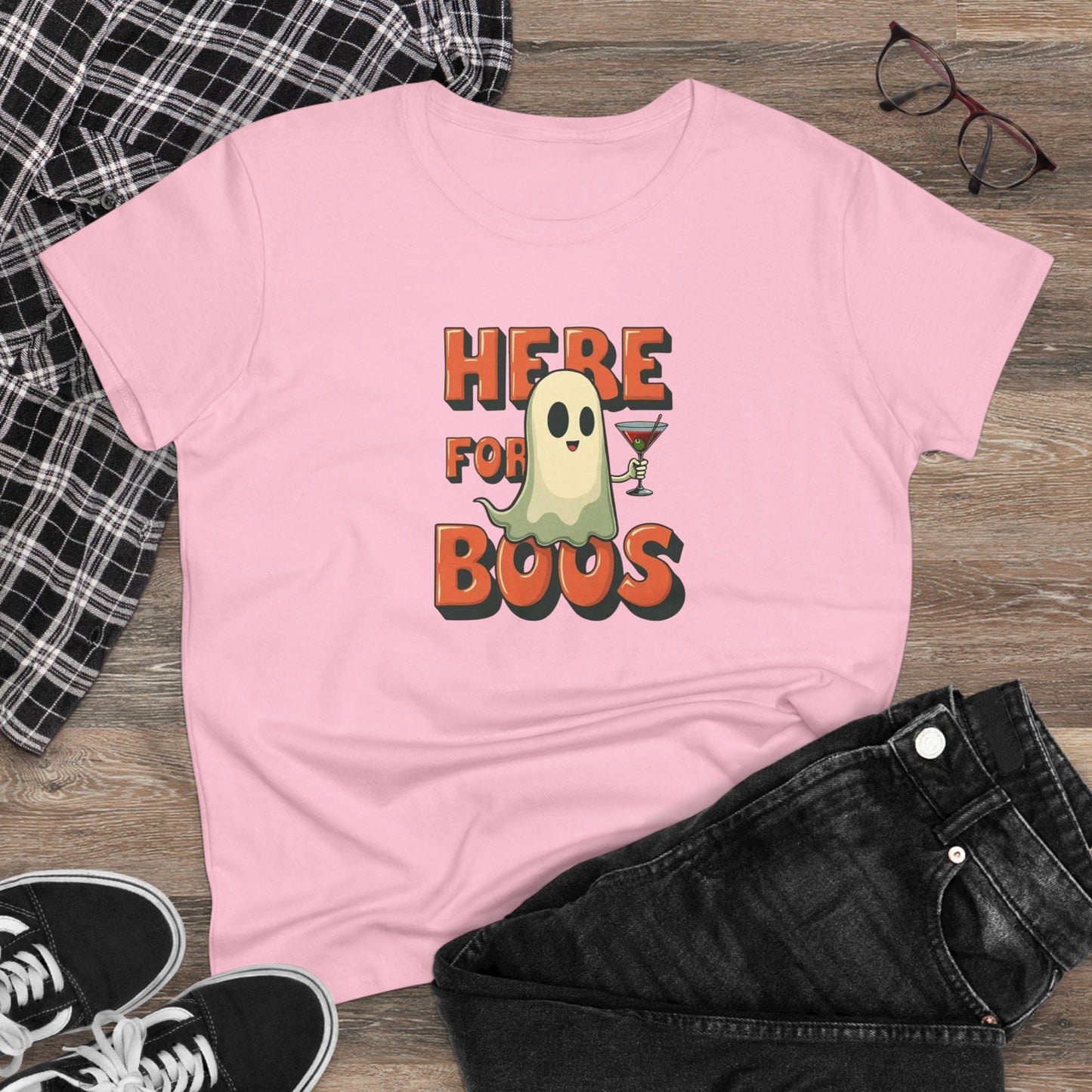 Here for Boos Halloween Ghost Tee — Funny Women’s Halloween T-Shirt with Cocktail Ghost