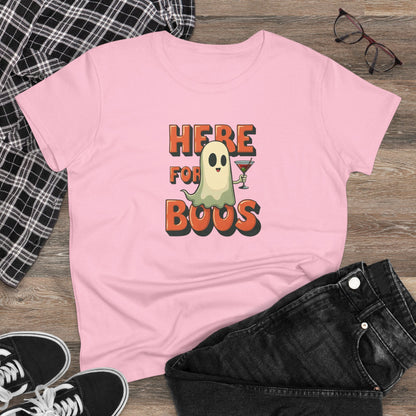 Here for Boos Halloween Ghost Tee — Funny Women’s Halloween T-Shirt with Cocktail Ghost