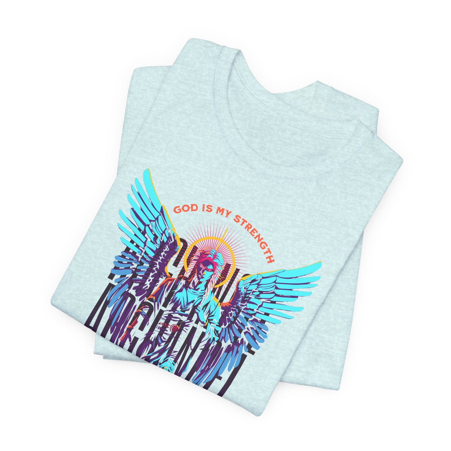 St. Gabriel Angel Tee — "God Is My Strength" Neon Graphic T-Shirt