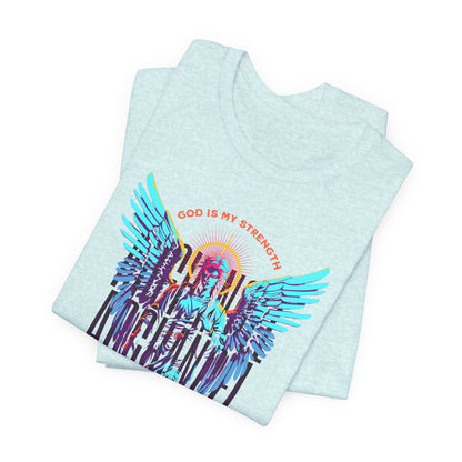 St. Gabriel Angel Tee — "God Is My Strength" Neon Graphic T-Shirt