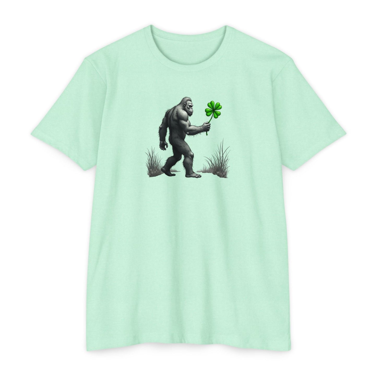 Bigfoot Holding Clover T‑Shirt — Funny Sasquatch St. Patrick’s Day Tee