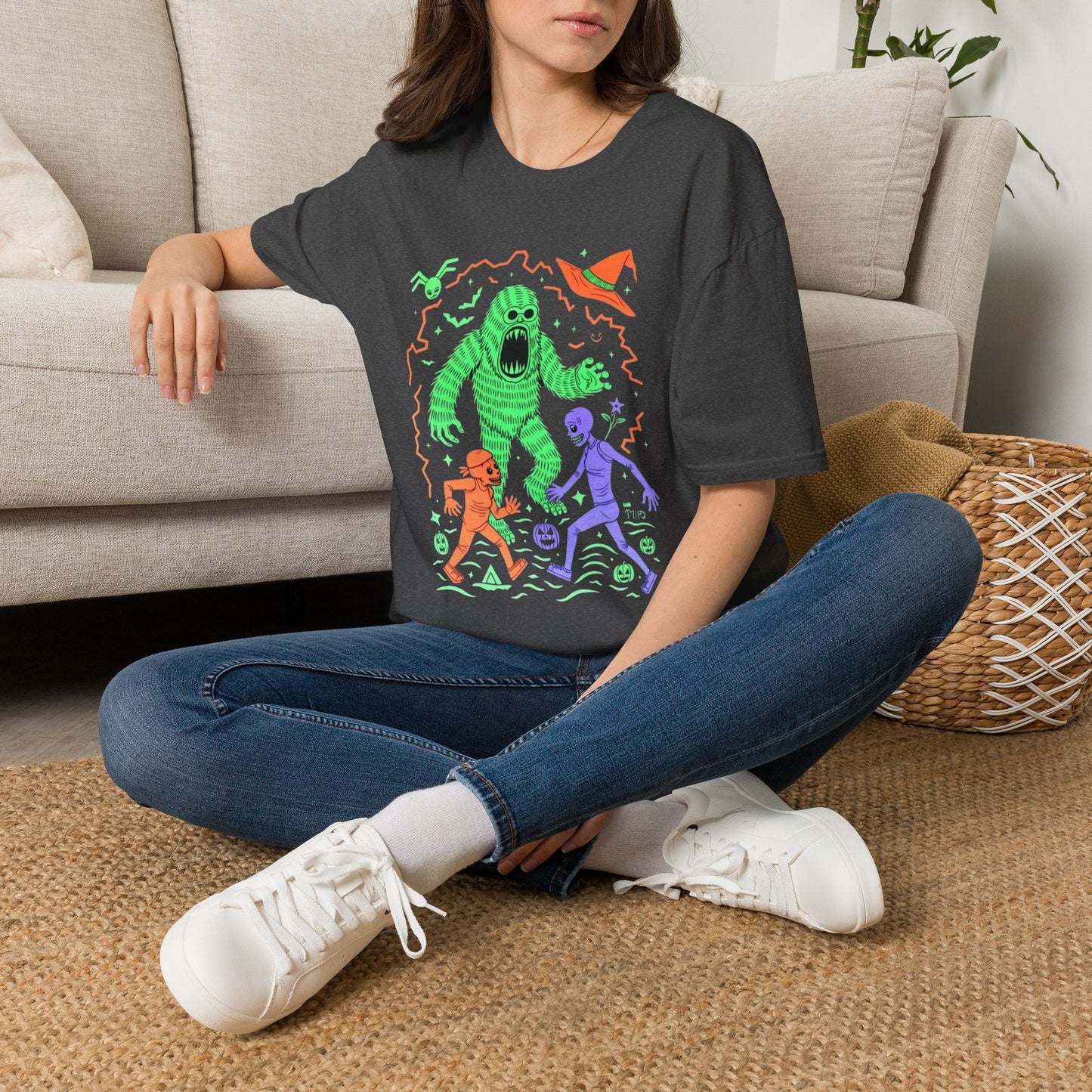 Sasquatch gets angry when out of candy Halloween T‑Shirt — Neon Green Creature Trick‑Or‑Treat Tee