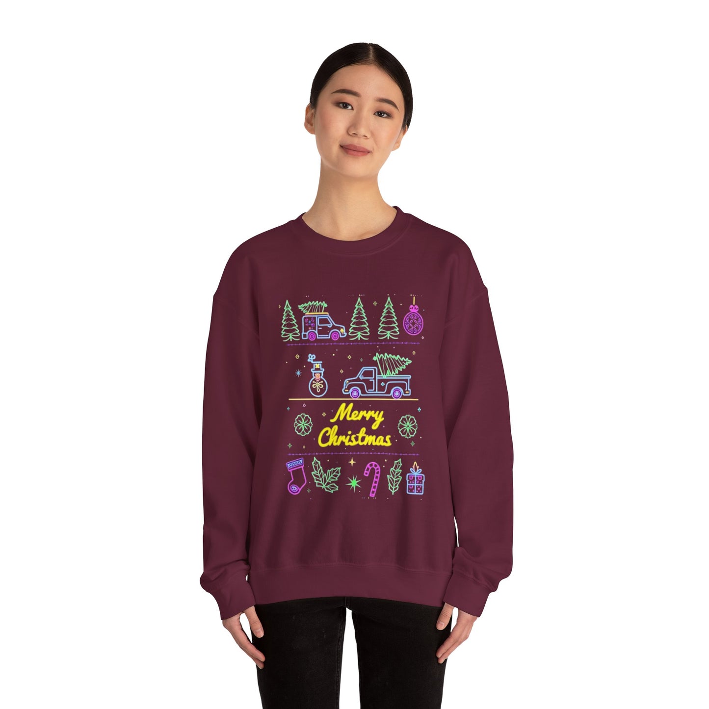 Christmas Crewneck Sweatshirt — Neon Holiday Tree "Merry Christmas" Design