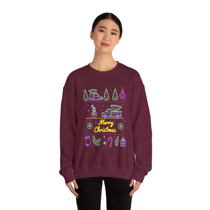 Christmas Crewneck Sweatshirt — Neon Holiday Tree "Merry Christmas" Design