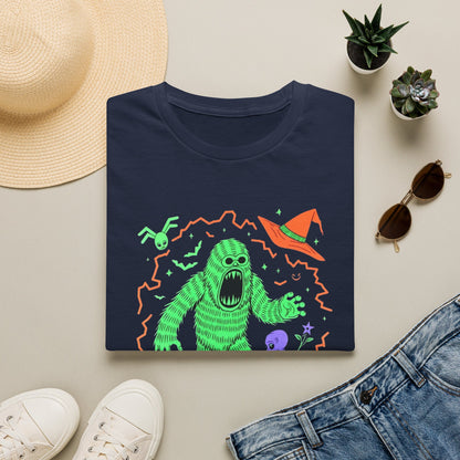 Sasquatch gets angry when out of candy Halloween T‑Shirt — Neon Green Creature Trick‑Or‑Treat Tee