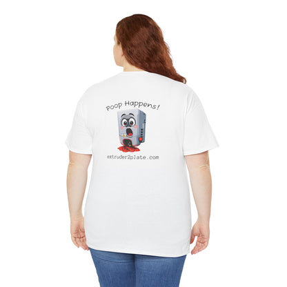Extruder2Plate3D, Poop Happens T‑Shirt — Funny Cartoon 3D Printer Graphic Tee