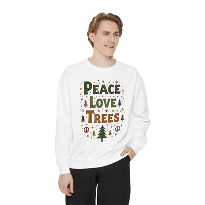 Peace Love Trees Sweatshirt — Eco Holiday Tree Graphic Sweatshirt