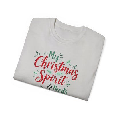 Christmas Coffee Tee - "My Christmas Spirit Needs Coffee" Holiday T-Shirt