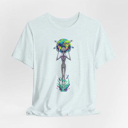 Alien Holding Earth Graphic Tee — Cosmic Sci‑Fi Alien Shirt