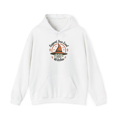 Support Your Local Witches Hoodie — Cute Witch Hat Graphic Pullover for Halloween