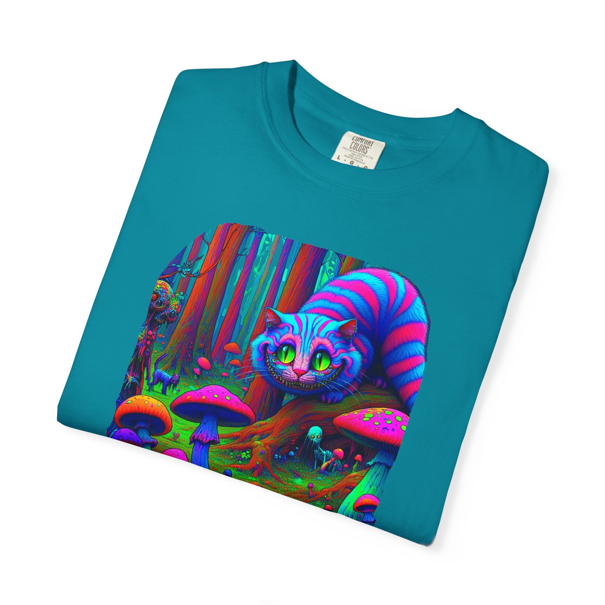 Curious Cat with mushrooms, Unisex Garment-Dyed T-shirt - Psychonaut Swag