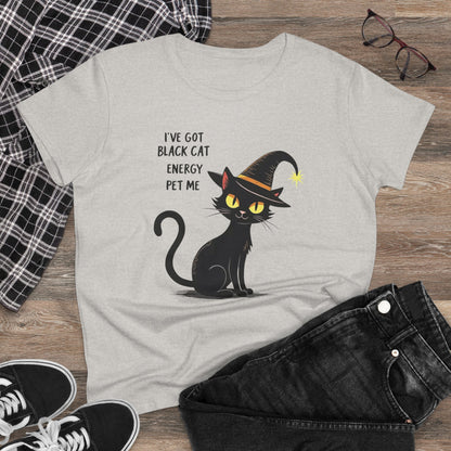 Black Cat Energy Tee — Cute Witchy Women's T-Shirt ("I've Got Black Cat Energy — Pet Me")
