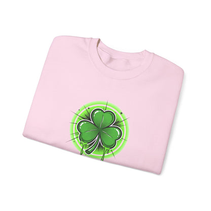 Oozing with Luck, Four-Leaf Clover Crewneck Sweatshirt — Neon Lucky Shamrock St. Patrick’s Day Pullover