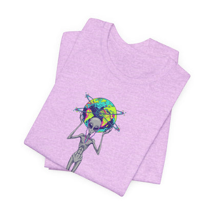 Alien Holding Earth Graphic Tee — Cosmic Sci‑Fi Alien Shirt