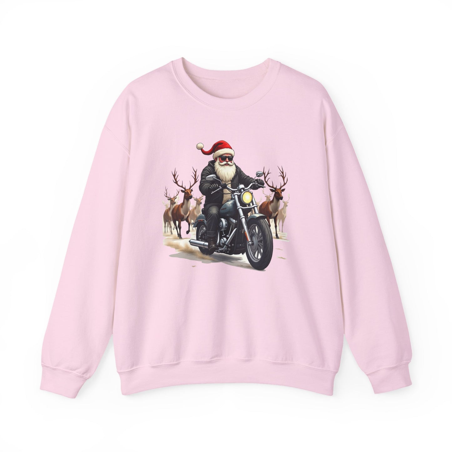 Santa on Motorcycle in Reindeer Stampede — Biker Santa Christmas Crewneck