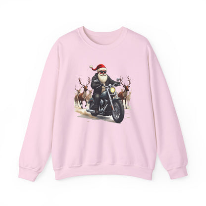 Santa on Motorcycle in Reindeer Stampede — Biker Santa Christmas Crewneck