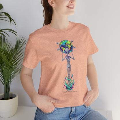 Alien Holding Earth Graphic Tee — Cosmic Sci‑Fi Alien Shirt