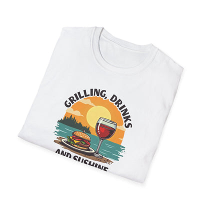 T-Shirt — Grilling, Drinks and Sunshine Retro Sunset BBQ Wine Tee
