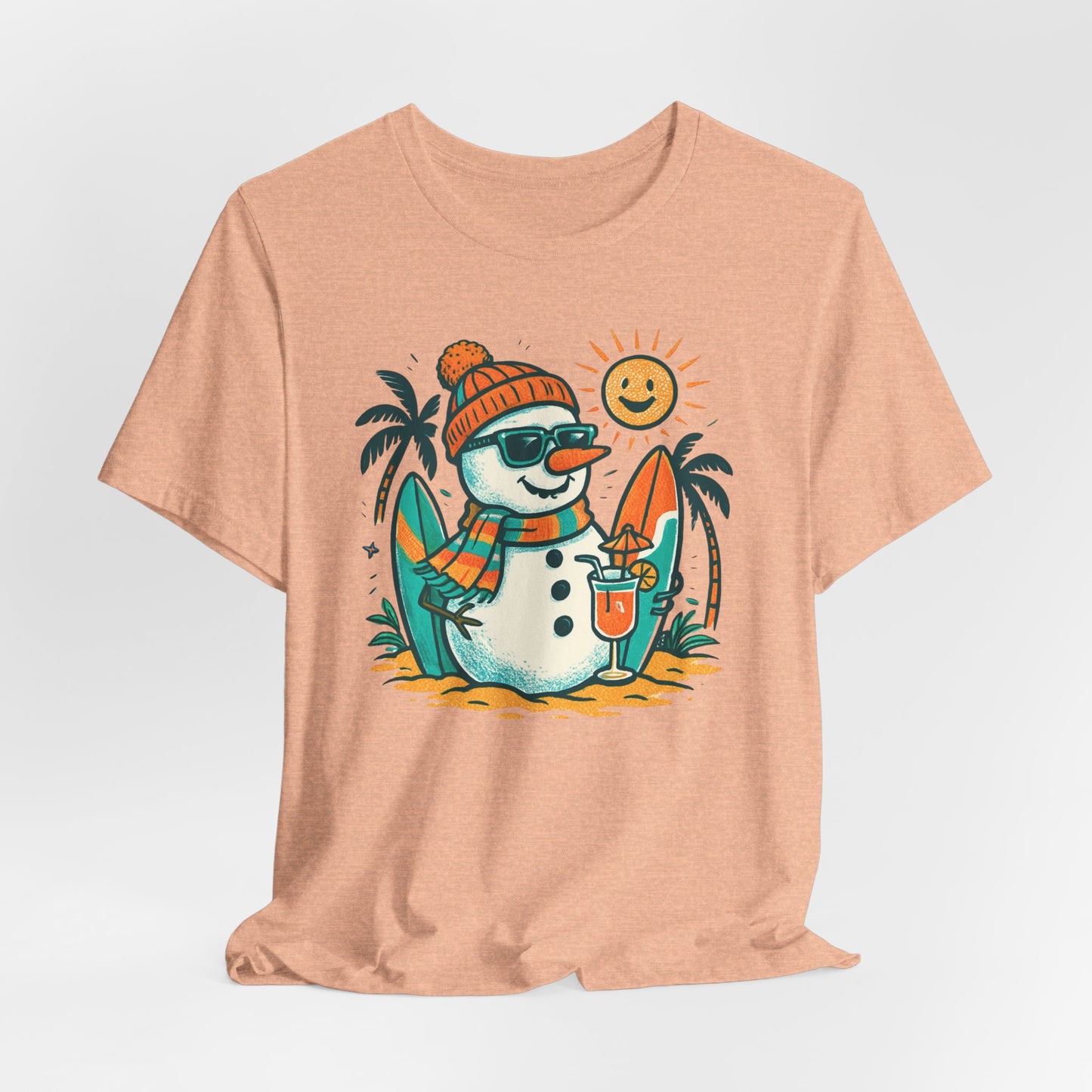 Frosty on Vacation Graphic Tee — Surfing Snowman with Drink Summer Holiday T-Shirt