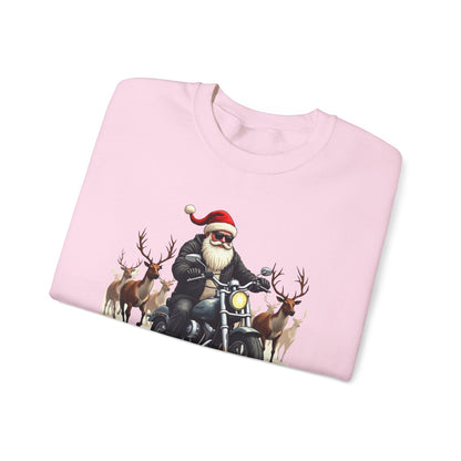 Santa on Motorcycle in Reindeer Stampede — Biker Santa Christmas Crewneck