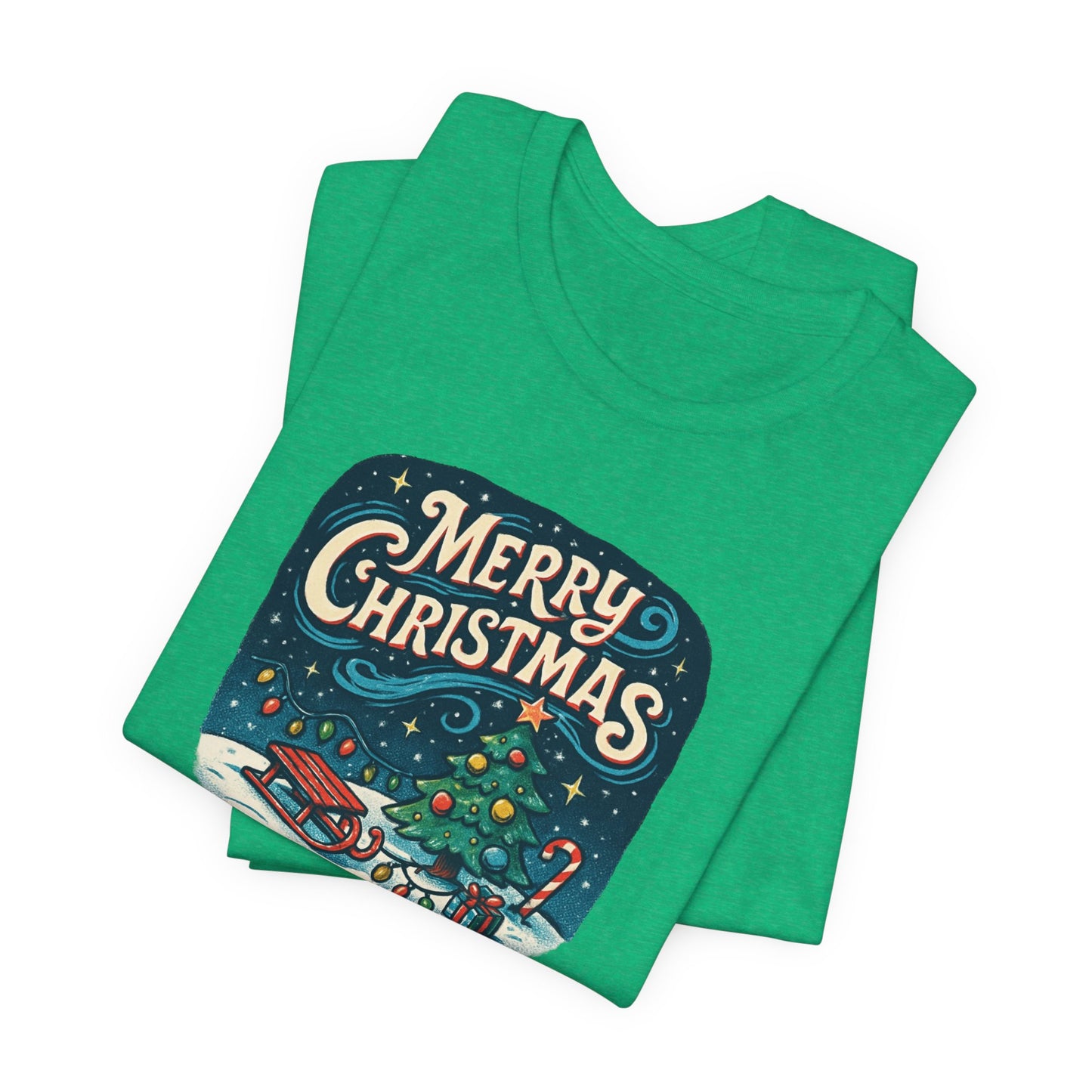 Merry Christmas Tee — Vintage Holiday Tree & Sled Graphic T-Shirt