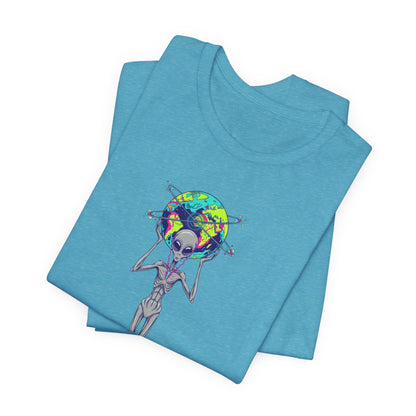 Alien Holding Earth Graphic Tee — Cosmic Sci‑Fi Alien Shirt