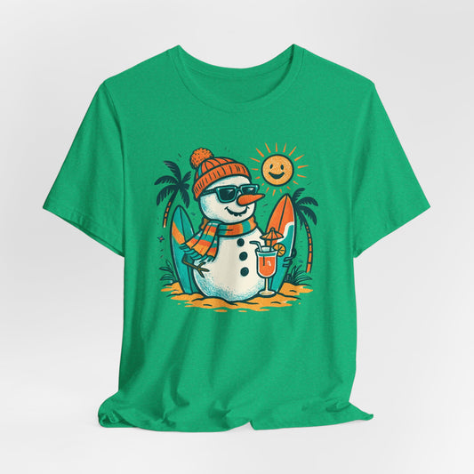 Frosty on Vacation Graphic Tee — Surfing Snowman with Drink Summer Holiday T-Shirt