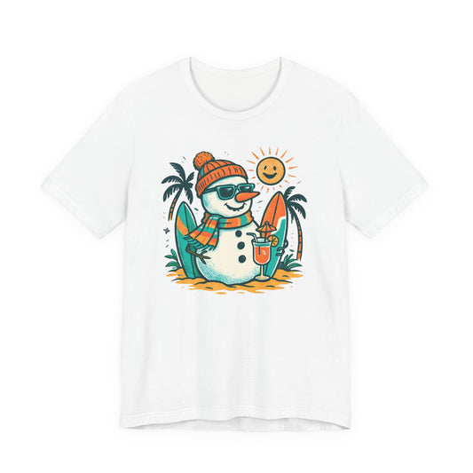 Frosty on Vacation Graphic Tee — Surfing Snowman with Drink Summer Holiday T-Shirt