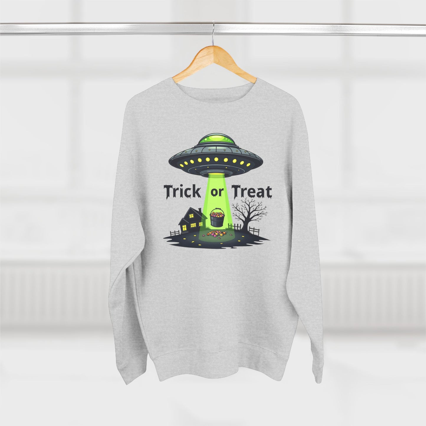 Halloween UFO Sweatshirt - "Trick or Treat" Alien Abduction Crewneck