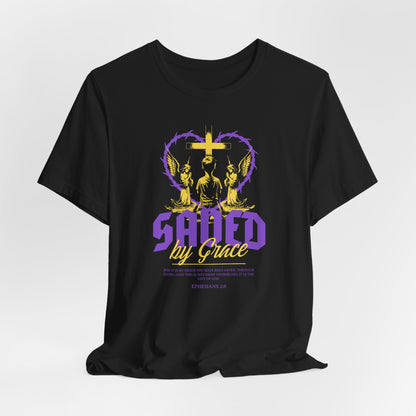 Saved by Grace T‑Shirt — Christian Faith Heart Design